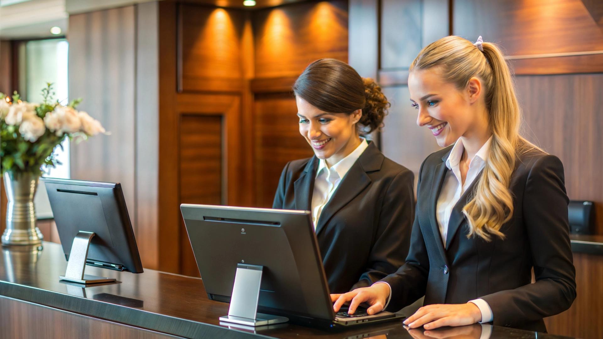 Two hospitality professionals standing at a hotel desk, looking at a computer.