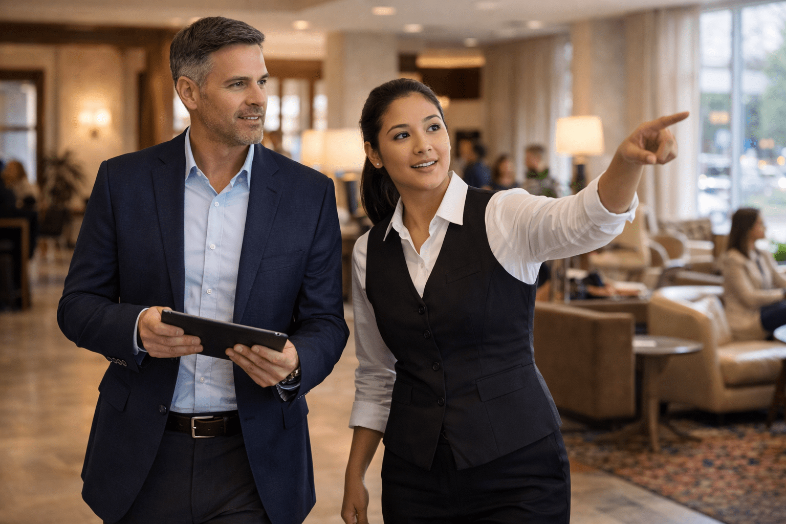 An area manager walks through a warm, busy hotel lobby holding a tablet while a front desk staff member points toward the lobby area.