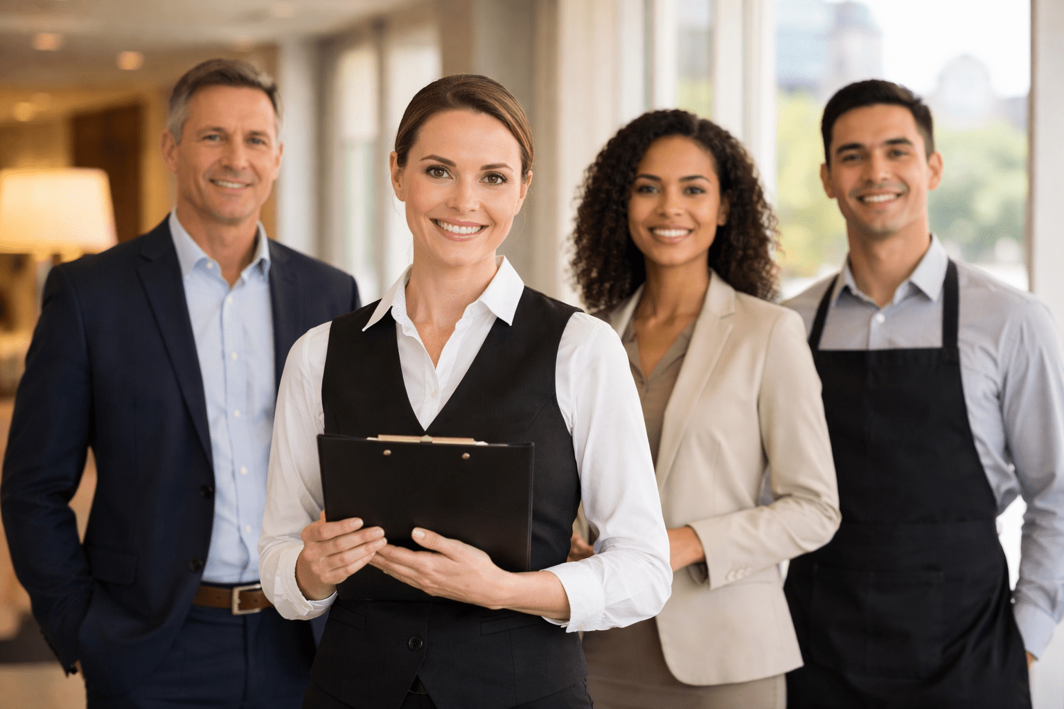 Four hospitality team members stand in a warm, sunlit hotel lobby corridor, with one holding a clipboard and a softly blurred city view outside.