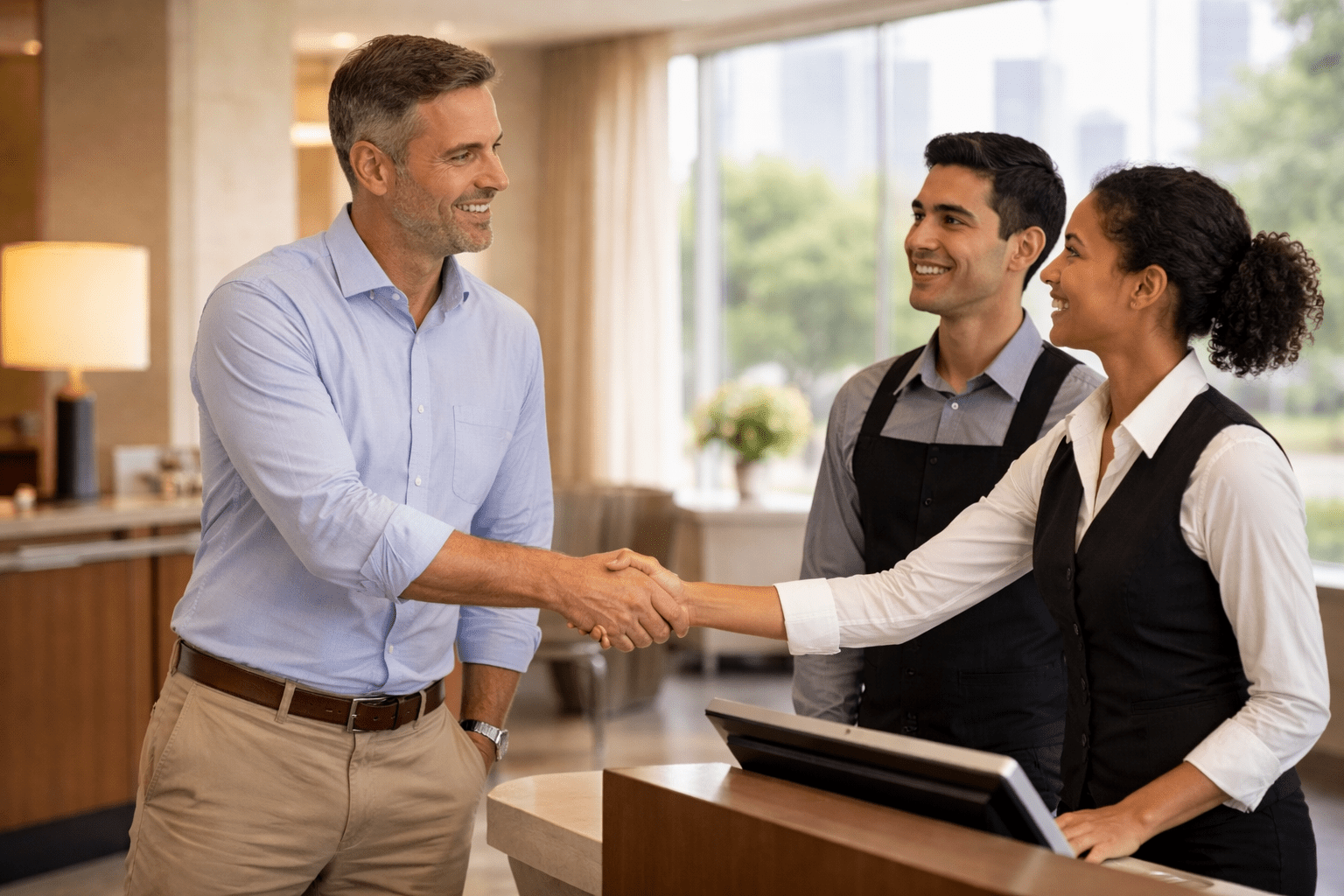 An area manager in business casual shakes hands with a front desk staff member in a bright hotel lobby, with a softly blurred Houston skyline visible through the windows.