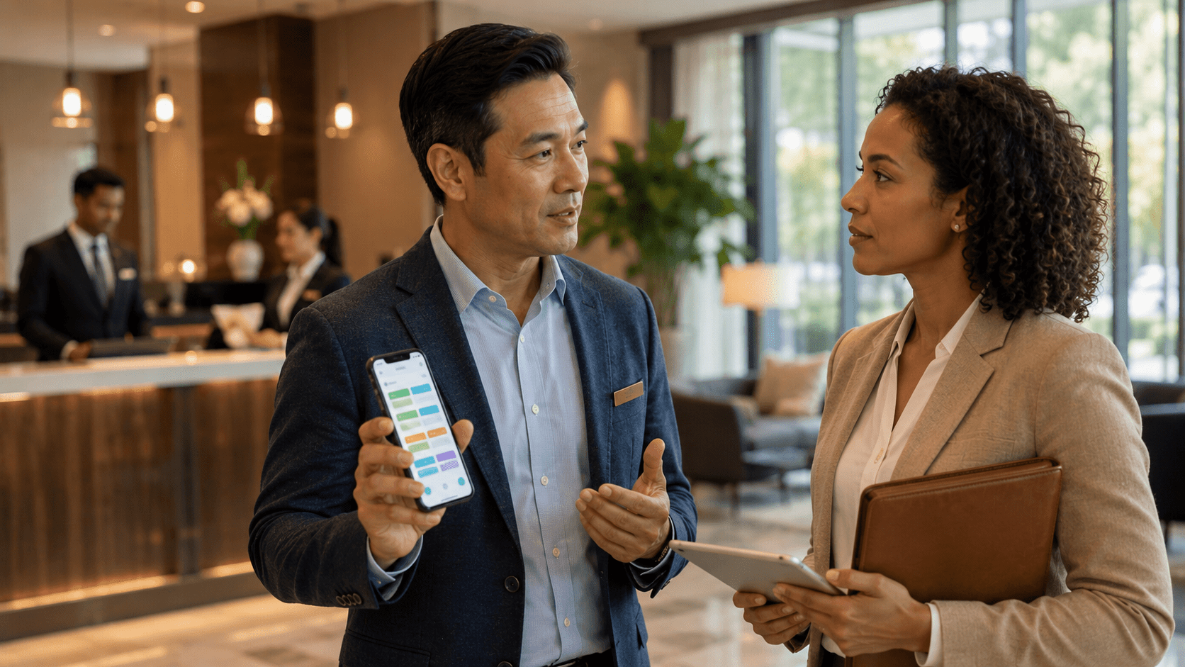 Hotel manager discussing a staffing app with a hospitality staffing representative in a modern hotel lobby.