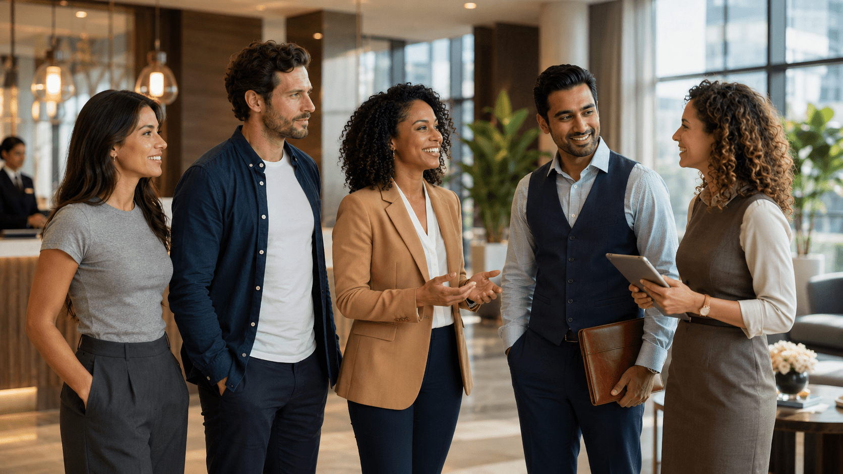 A confident group of hotel and business professionals smiling during a staffing partnership discussion in a modern hotel lobby, with one person holding a tablet and others engaged in conversation.