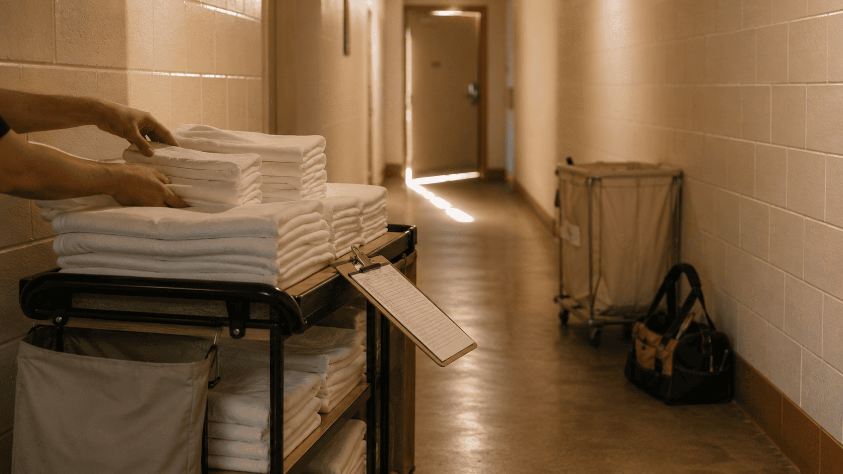 A-minimalist-photograph-of-a-back-of-house-hotel-corridor