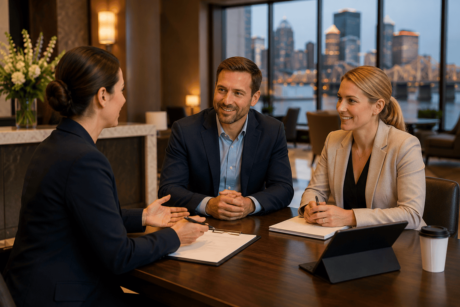 Hospitality staffing consultant meeting with two hotel managers in a modern hotel lobby to discuss staffing solutions and workforce planning in Louisville, Kentucky.