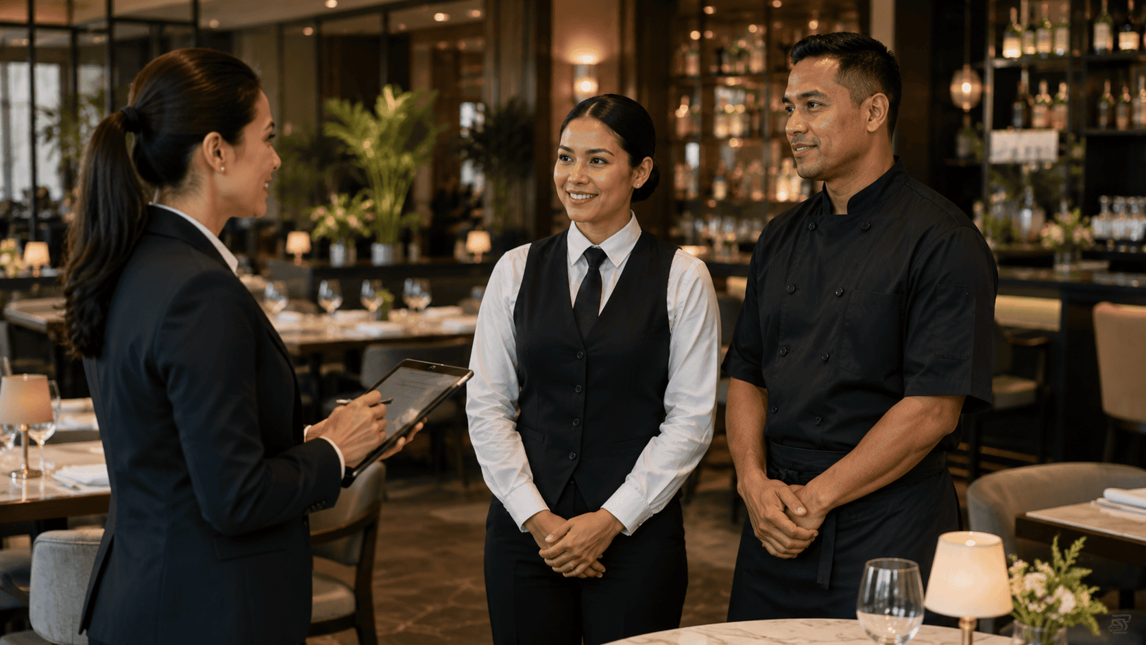 Hotel hiring manager interviewing a server and chef inside an upscale restaurant.