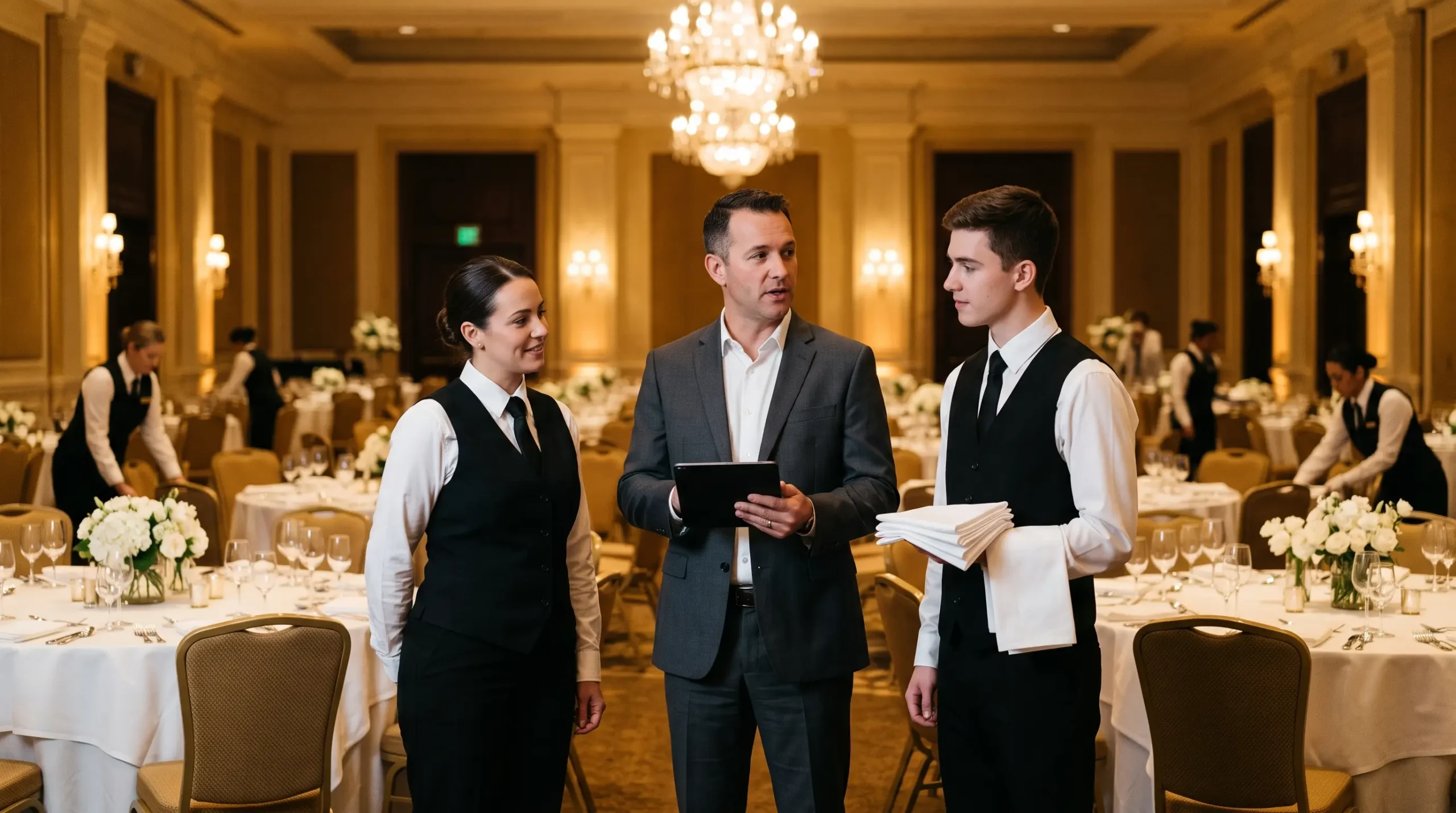Operations manager briefing a banquet captain and server in a hotel ballroom set for a large event.