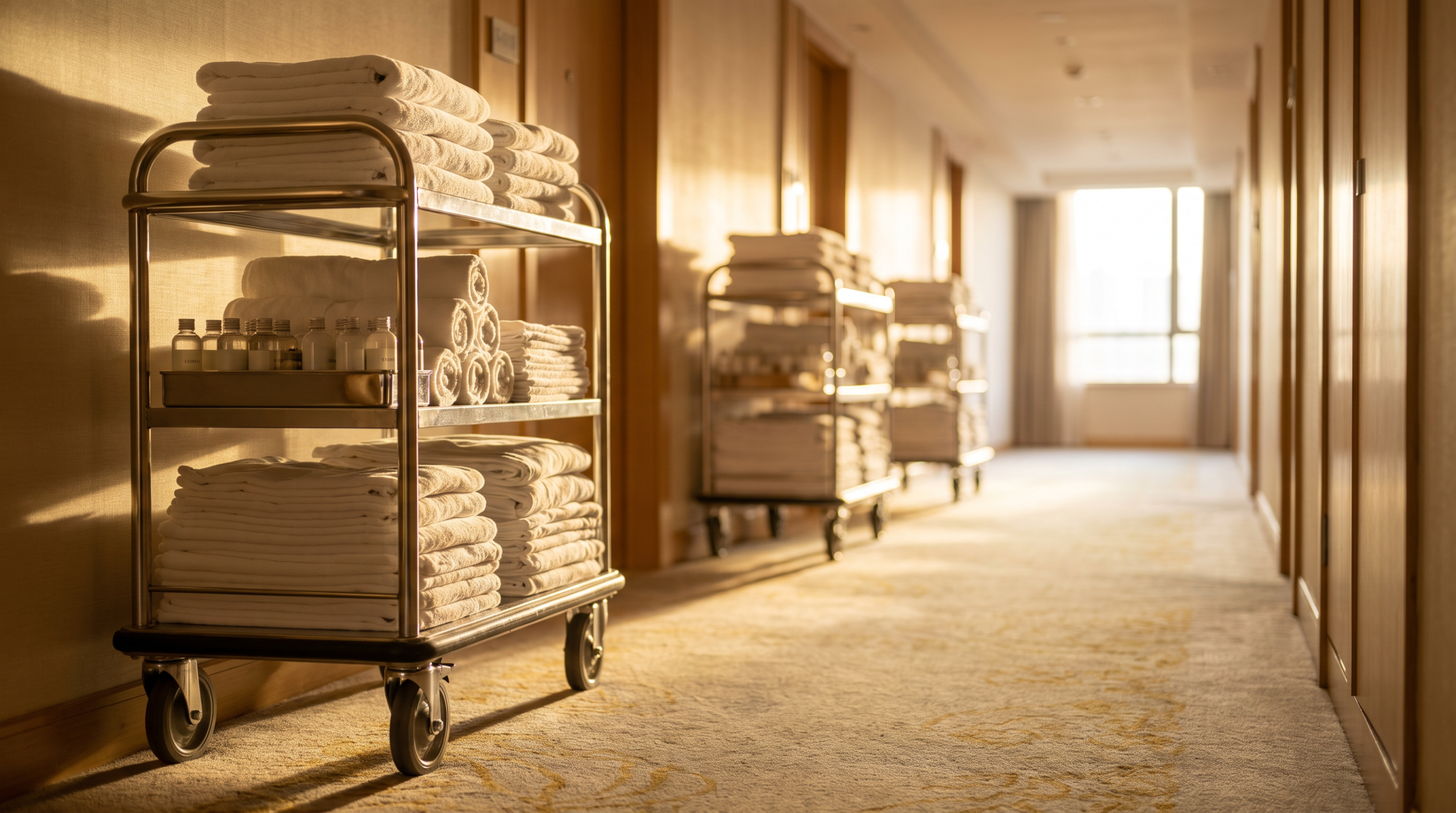 housekeeping carts with towels in a hotel hallway