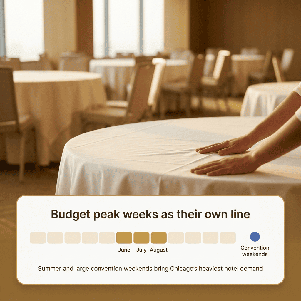 Banquet table being set, with a card marking June to August and convention weekends as Chicago's peak hotel demand
