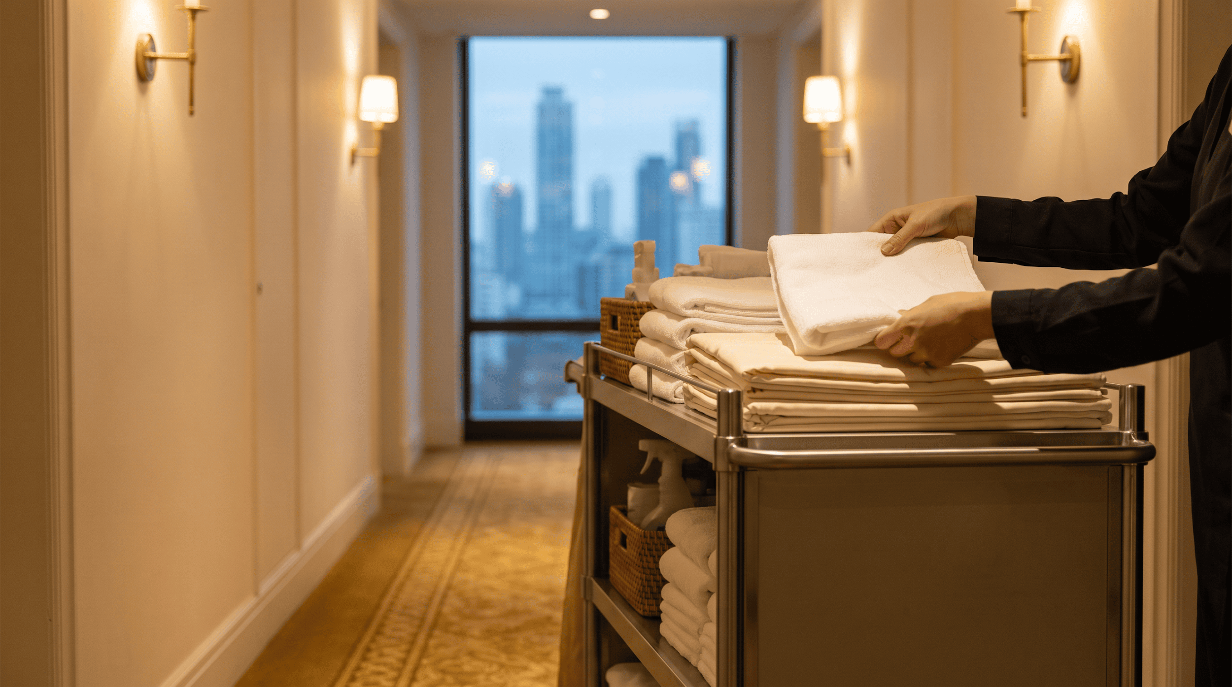 Hands set a folded towel on a housekeeping cart in a warm-lit hotel corridor, with a blurred city skyline in the window