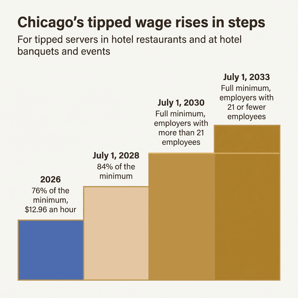 Chicago's tipped wage rises in steps: 76% of the minimum ($12.96 an hour) in 2026, 84% in 2028, full minimum by 2030 or 2033
