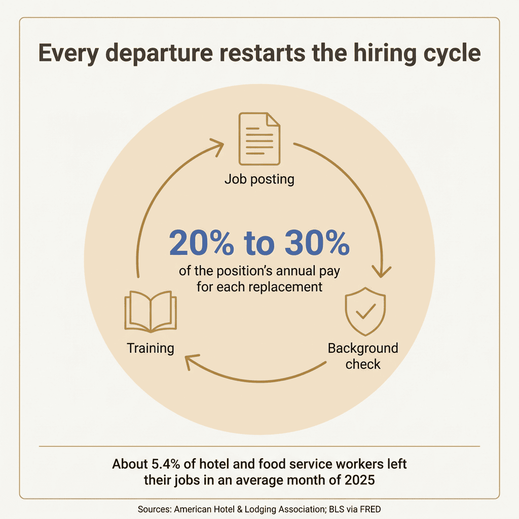 Hiring cycle of job posting, background check and training, with each replacement costing 20% to 30% of annual pay