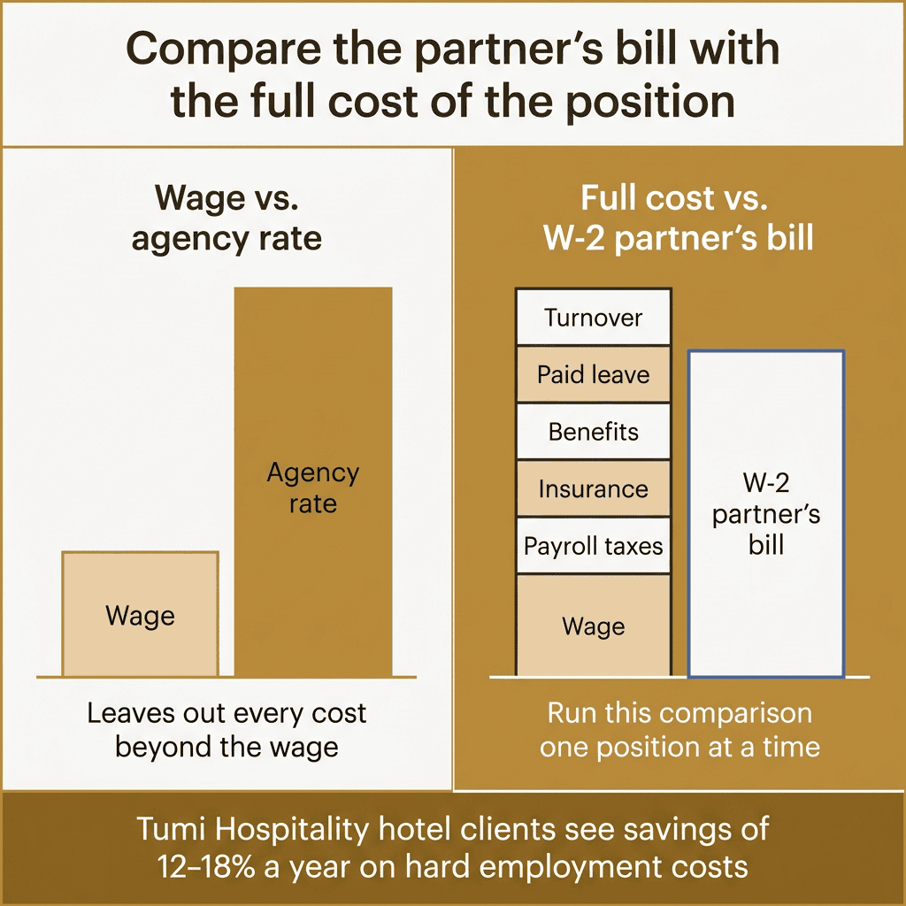 Compares wage vs. agency rate with a position's full cost vs. a W-2 partner's bill, noting 12-18% savings on hard employment costs